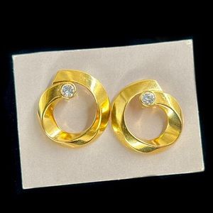 Vintage Gold Tone Rhinestone Ribbon Swirl Earrings